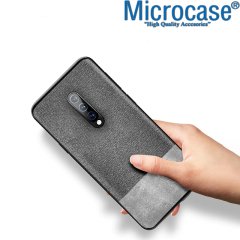 Microcase Oneplus 8 Fabrik Serisi Kumaş ve Deri Desen Kılıf  - Gri+ Tempered Glass Cam Koruma