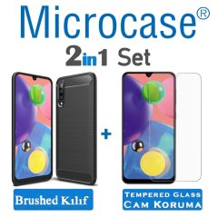 Microcase Samsung Galaxy A70s Brushed Carbon Fiber Silikon Kılıf - Siyah + Tempered Glass Cam Koruma