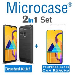 Microcase Samsung Galaxy M30s Brushed Carbon Fiber Silikon Kılıf - Siyah + Tempered Glass Cam Koruma