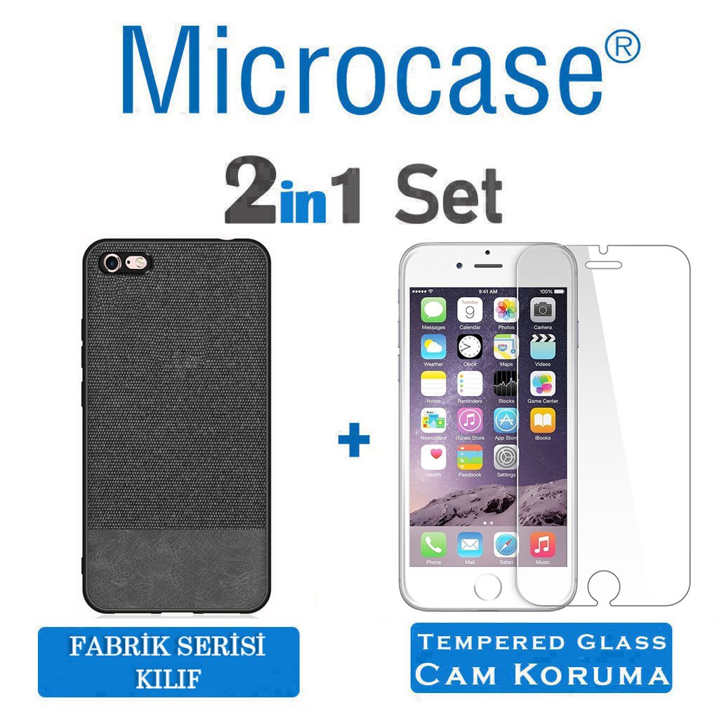 Microcase iPhone 6 - iPhone 6s Fabrik Serisi Kumaş ve Deri Desen Kılıf - Siyah + Tempered Glass Cam Koruma