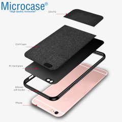 Microcase iPhone 6 - iPhone 6s Fabrik Serisi Kumaş ve Deri Desen Kılıf - Siyah + Tempered Glass Cam Koruma