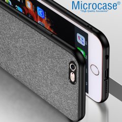 Microcase iPhone 6 - iPhone 6s Fabrik Serisi Kumaş ve Deri Desen Kılıf - Gri + Tempered Glass Cam Koruma