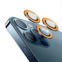 Microcase iPhone 13 Pro Fosfor Işıklı Kamera Camı Lens Koruyucu Halka Set - Turuncu AL2883