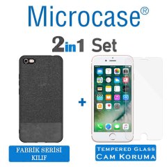 Microcase iPhone 8 Fabrik Serisi Kumaş ve Deri Desen Kılıf - Siyah + Tempered Glass Cam Koruma