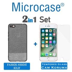 Microcase iPhone 8 Fabrik Serisi Kumaş ve Deri Desen Kılıf - Gri + Tempered Glass Cam Koruma