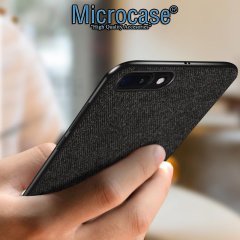 Microcase iPhone 7 Plus Fabrik Serisi Kumaş ve Deri Desen Kılıf - Siyah + Tempered Glass Cam Koruma