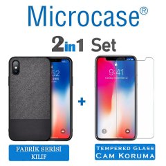 Microcase iPhone X - iPhone XS Fabrik Serisi Kumaş ve Deri Desen Kılıf - Siyah + Tempered Glass Cam Koruma