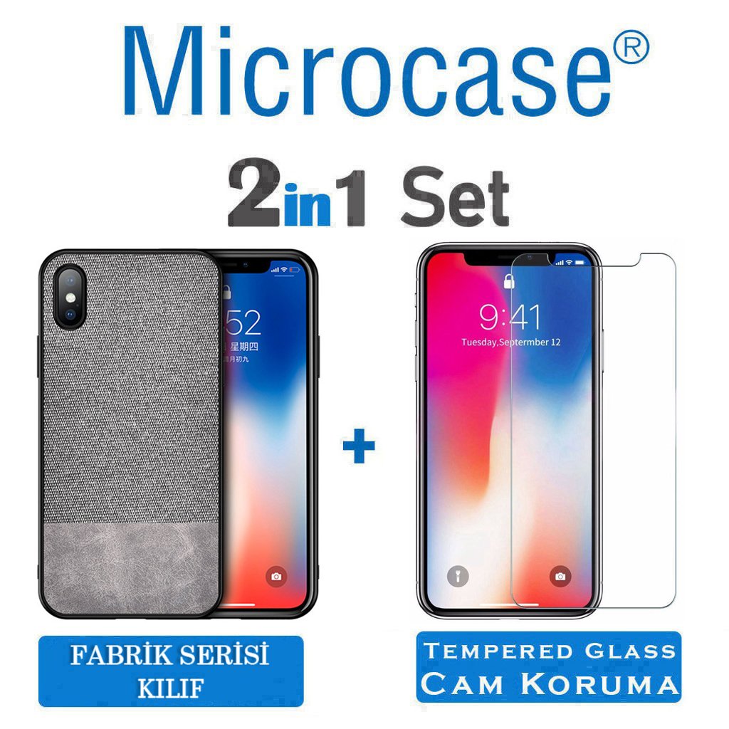 Microcase iPhone X - iPhone XS Fabrik Serisi Kumaş ve Deri Desen Kılıf - Gri + Tempered Glass Cam Koruma