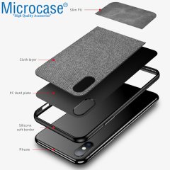 Microcase iPhone X - iPhone XS Fabrik Serisi Kumaş ve Deri Desen Kılıf - Gri + Tempered Glass Cam Koruma