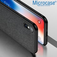 Microcase iPhone X - iPhone XS Fabrik Serisi Kumaş ve Deri Desen Kılıf - Siyah