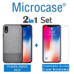 Microcase iPhone XR Fabrik Serisi Kumaş ve Deri Desen Kılıf - Gri + Tempered Glass Cam Koruma