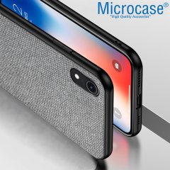 Microcase iPhone XR Fabrik Serisi Kumaş ve Deri Desen Kılıf - Gri + Tempered Glass Cam Koruma