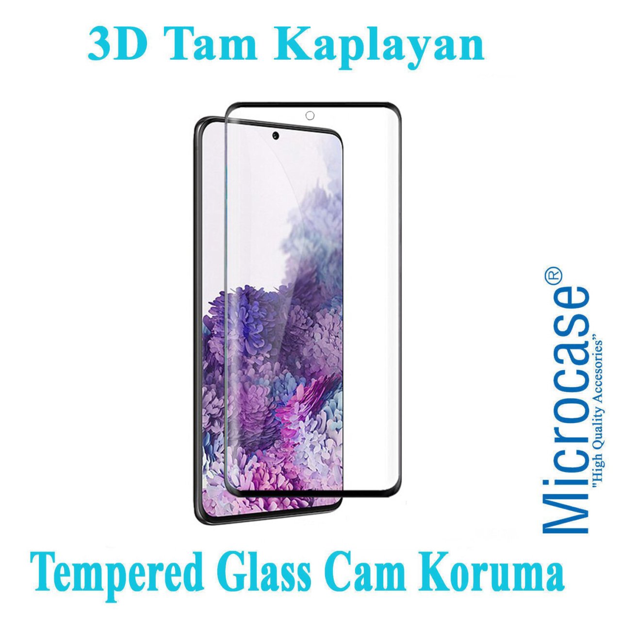 Microcase Samsung Galaxy S20 3D Curved Tam Kaplayan Tempered Glass Cam Koruma - Siyah