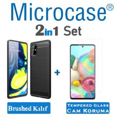 Microcase Samsung Galaxy A71 Brushed Carbon Fiber Silikon Kılıf - Siyah + Tempered Glass Cam Koruma