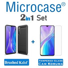 Microcase Realme XT Brushed Carbon Fiber Silikon Kılıf - Siyah + Tempered Glass Cam Koruma