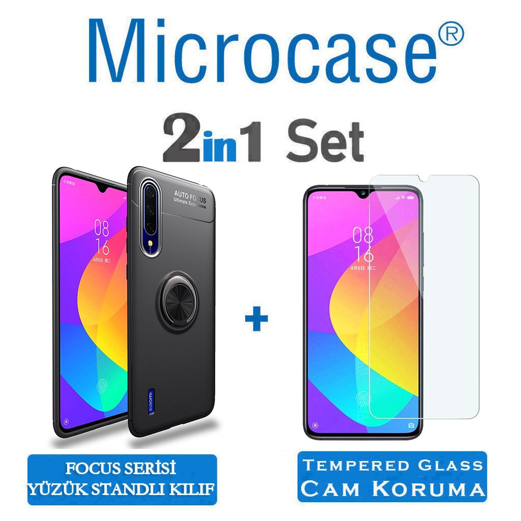 Microcase Xiaomi Mi 9 Lite Focus Serisi Yüzük Standlı Silikon Kılıf - Siyah + Tempered Glass Cam Koruma
