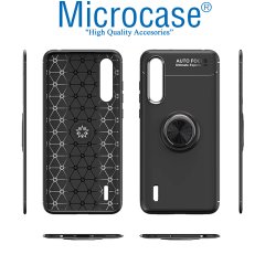 Microcase Xiaomi Mi 9 Lite Focus Serisi Yüzük Standlı Silikon Kılıf - Siyah + Tempered Glass Cam Koruma