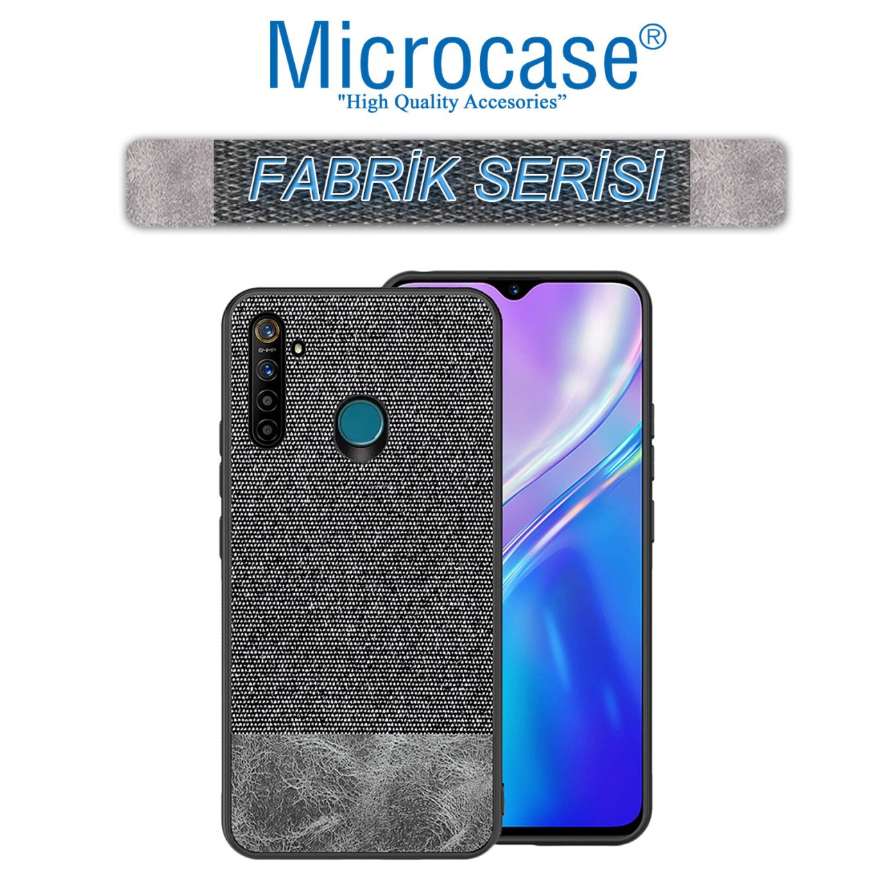 Microcase Realme 5 Pro Fabrik Serisi Kumaş ve Deri Desen Kılıf - Siyah