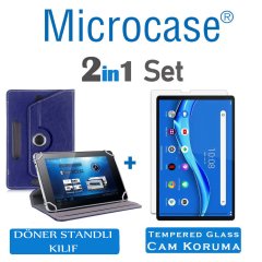 Microcase Lenovo M10 FHD Plus  10.3'' TB-X606 X606F Tablet Universal Döner Standlı Kılıf - Lacivert + Tempered Glass Cam Koruma