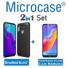 Microcase Huawei Honor 8A Pro Brushed Carbon Fiber Silikon Kılıf + Tempered Glass Cam Koruma