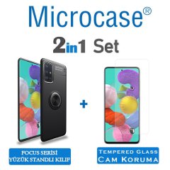 Microcase Samsung Galaxy A51 Focus Serisi Yüzük Standlı Silikon Kılıf - Siyah + Tempered Glass Cam Koruma