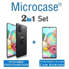 Microcase Samsung Galaxy A71 Focus Serisi Yüzük Standlı Silikon Kılıf - Siyah + Tempered Glass Cam Koruma
