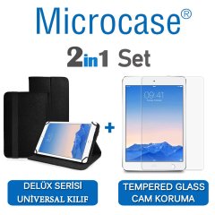 Microcase iPad Air 2 Delüx Serisi Universal Standlı Deri Kılıf - Siyah + Tempered Glass Cam Koruma
