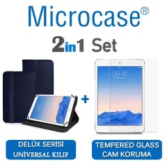Microcase iPad Air 2 Delüx Serisi Universal Standlı Deri Kılıf - Lacivert + Tempered Glass Cam Koruma