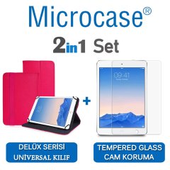 Microcase iPad Air 2 Delüx Serisi Universal Standlı Deri Kılıf - Pembe + Tempered Glass Cam Koruma