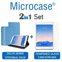 Microcase iPad Air 2 Delüx Serisi Universal Standlı Deri Kılıf - Turkuaz + Tempered Glass Cam Koruma