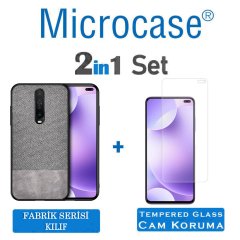 Microcase Xiaomi Redmi K30 Fabrik Serisi Kumaş ve Deri Desen Kılıf - Gri + Tempered Glass Cam Koruma