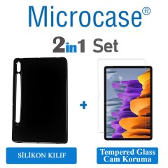 Microcase Samsung Galaxy Tab S7 Plus T970 12.4 inch Siyah Silikon Kılıf + Tempered Glass Cam Koruma