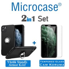 Microcase iPhone 11 Pro Yüzük Standlı Armor Silikon Kılıf - Siyah + Tempered Glass Cam Koruma