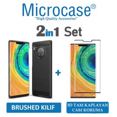 Microcase Huawei Mate 30 Pro Brushed Carbon Fiber Silikon Kılıf - Siyah + 3D Curved Tempered Cam