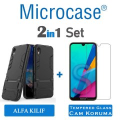 Microcase Huawei Honor 8S Alfa Serisi Armor Standlı Perfect Koruma Kılıf - Siyah + Tempered Glass Cam Koruma