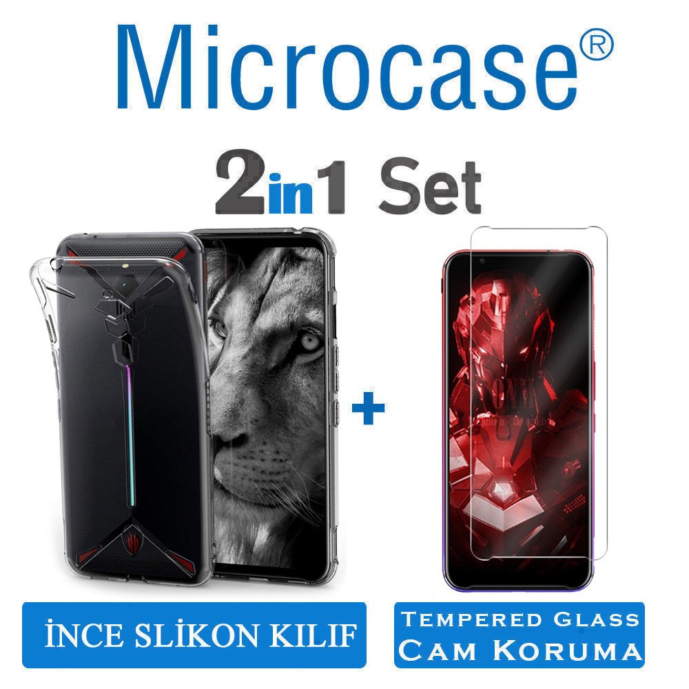 Microcase ZTE Nubia Red Magic 3 - 3S İnce 0.2 mm Soft Silikon Kılıf - Şeffaf + Tempered Glass Cam Koruma