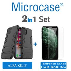 Microcase iPhone 11 Alfa Serisi Armor Standlı Perfect Koruma Kılıf - Siyah + Tempered Glass Cam Koruma