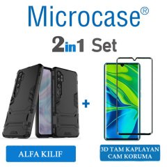 Microcase Xiaomi Mi Note 10 - Mi Note 10 Pro Alfa Armor Standlı Perfect Koruma Kılıf + 3D Curved Tempered Cam Koruma