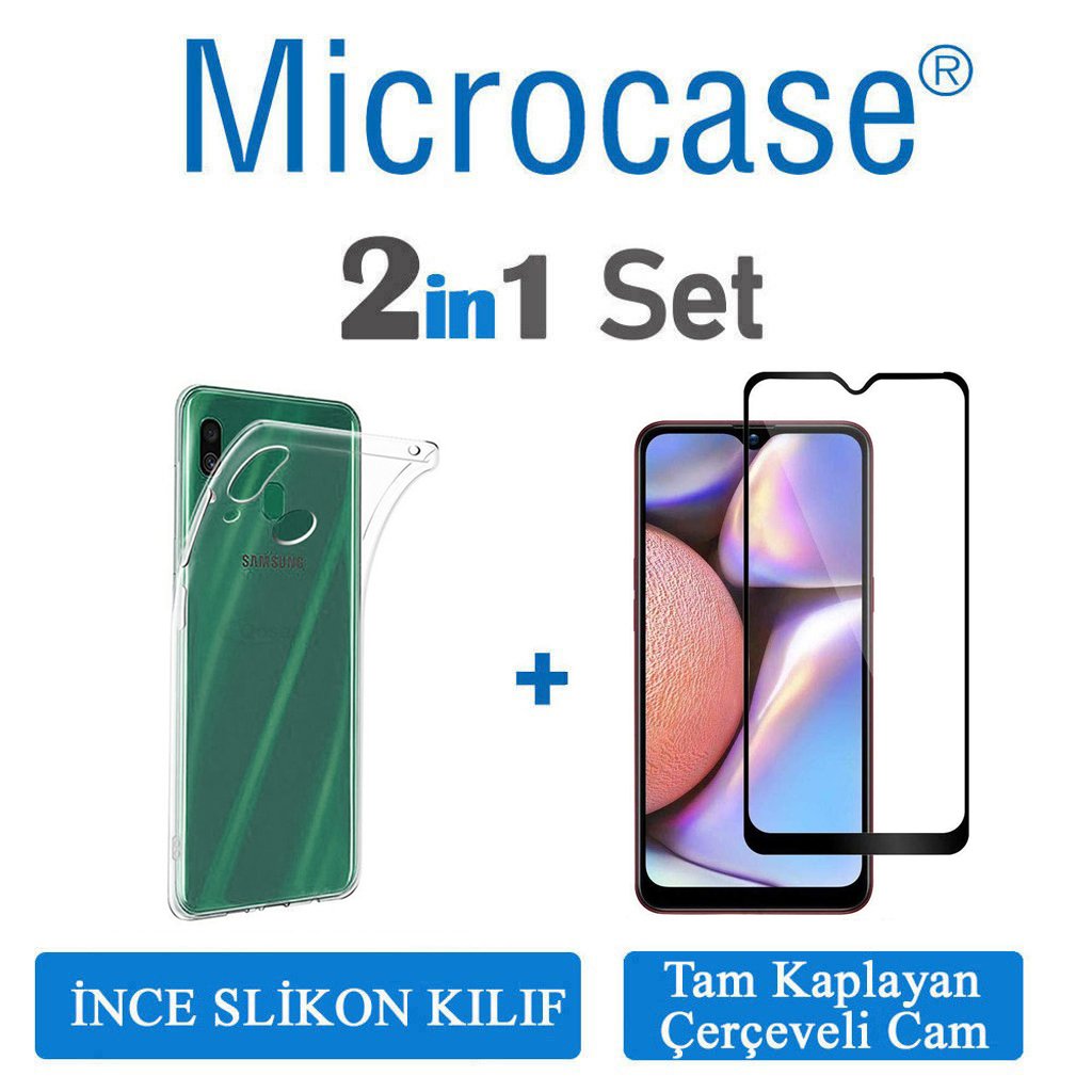 Microcase Samsung Galaxy A10s Ultra İnce 0.2 mm Soft Silikon Kılıf + Tam Kaplayan Çerçeveli Cam