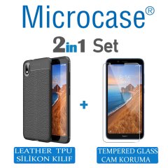 Microcase Xiaomi Redmi 7A Leather Tpu Silikon Kılıf - Siyah + Tempered Glass Cam Koruma (SEÇENEKLİ)