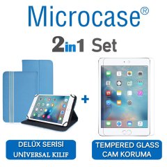 Microcase iPad Mini 4 Delüx Serisi Universal Standlı Deri Kılıf - Turkuaz + Tempered Glass Cam Koruma