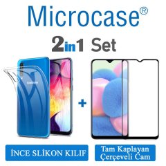 Microcase Samsung Galaxy A30s Ultra İnce 0.2 mm Soft Silikon Kılıf + Tam Kaplayan Çerçeveli Cam