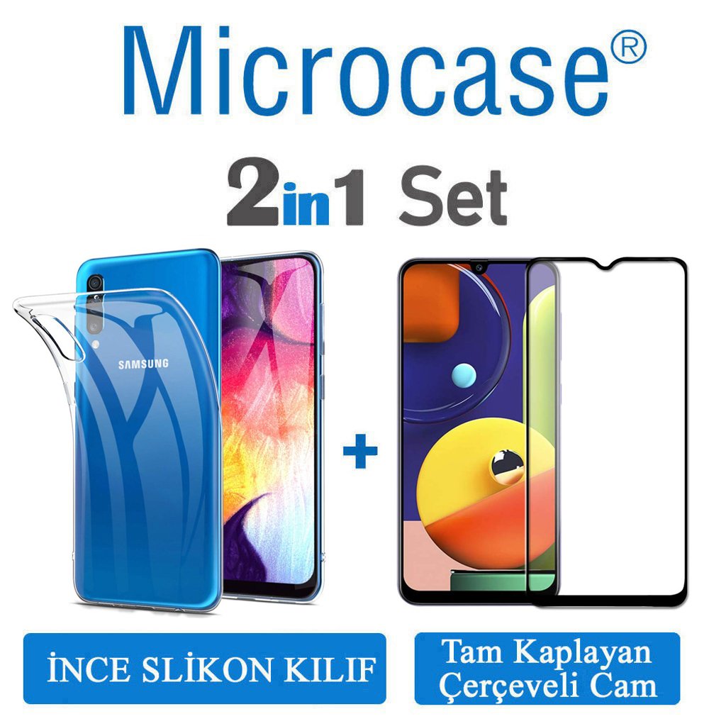 Microcase Samsung Galaxy A50s Ultra İnce 0.2 mm Soft Silikon Kılıf + Tam Kaplayan Çerçeveli Cam