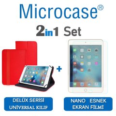 Microcase iPad Mini 4 Delüx Serisi Universal Standlı Deri Kılıf - Kırmızı + Nano Esnek Ekran Koruma Filmi