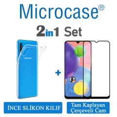 Microcase Samsung Galaxy A70s Ultra İnce 0.2 mm Soft Silikon Kılıf + Tam Kaplayan Çerçeveli Cam