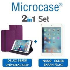 Microcase iPad Mini 4 Delüx Serisi Universal Standlı Deri Kılıf - Mor + Nano Esnek Ekran Koruma Filmi