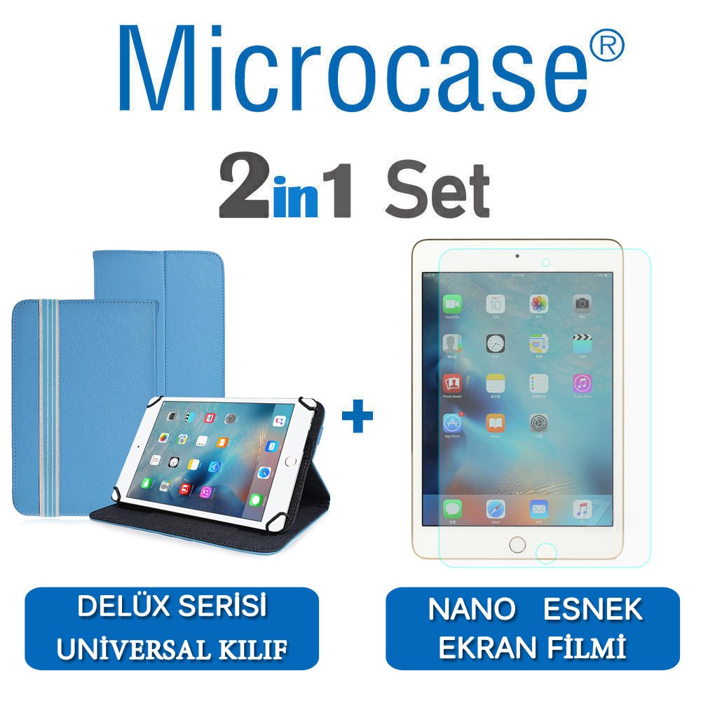 Microcase iPad Mini 4 Delüx Serisi Universal Standlı Deri Kılıf - Turkuaz + Nano Esnek Ekran Koruma Filmi