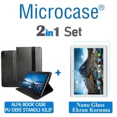Microcase Lenovo Tab E10 TB-X104F Alfa Book Case PU Deri Standlı Kılıf - Siyah + Nano Esnek Ekran Koruma Filmi