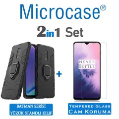 Microcase OnePlus 7 Batman Serisi Yüzük Standlı Armor Kılıf + Tempered Glass Cam Koruma (SEÇENEKLİ)