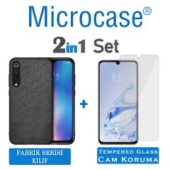 Microcase Xiaomi Mi 9 Pro Fabrik Serisi Kumaş ve Deri Desen Kılıf - Siyah + Tempered Glass Cam Koruma